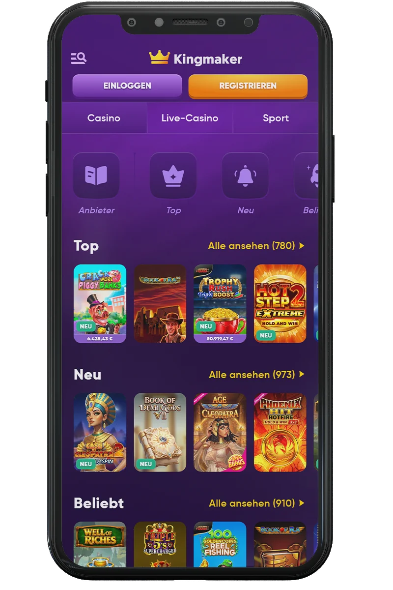 Screenshot eines Online-Casinos auf einem Mobiltelefon
